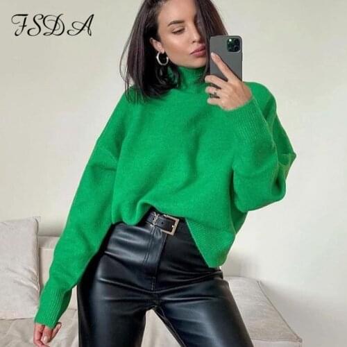 FSDA 2021 Autumn Winter Green Long Sleeve Pullover Women Knitted Green Fashion Casual Turtleneck Sweater Y2k ZA Loose Oversized