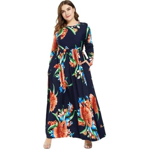 Muslim Floral Print Abaya Women Bohemian Long Sleeve Maxi Dress Floral Print Kaftan Plus Size Coctail Party Gown Jilbab Islamic