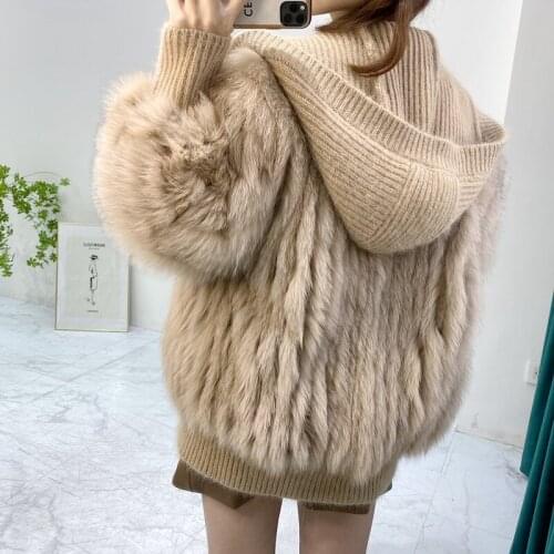 Knitted Hood Real Fox Fur Coats Women Fashion Fur Jacket 2021 Women Genuine Fox Fur Coat for Winter Fur Stripe Sewed Together