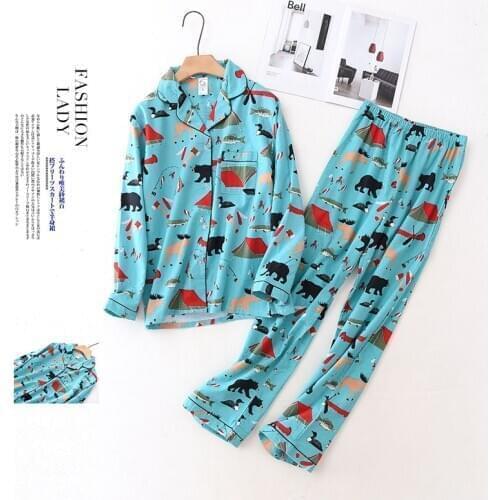 100% Cotton Pyjamas Women Pajamas Set Autumn Brushed Winter Warm Print Cartoon Sleepwear Female Pijamas Long Sleeve Home Clothes