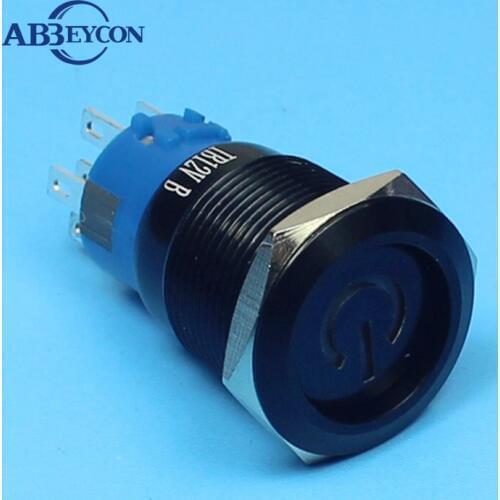 1975Z 19mm dia latching 12V power logo illuminated metal button switch black power switch