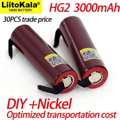 30pcs Liitokala 100% New HG2 18650 3000mAh Rechargeable battery 18650HG2 3.6V discharge 20A Power batteries + DIY Nickel