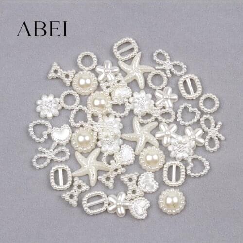 200pcs 6-15mm Beige ABS Flatback Loose Beads Mix Styles Half Round Heart Star Bow Flower Pearls Bead For Scapbook Decoration