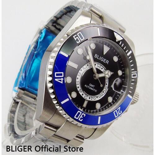 Sapphire Glass 43MM BLIGER Black Big Dial Mens Watch Ceramic Bezel 24 Hour GMT Indicator Luminous Mark Automatic Movement Watch