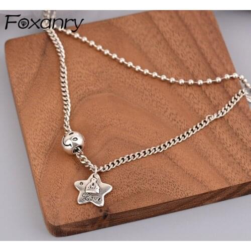 FOXANRY 925 Sterling Silver Double Layer Chain Necklace INS Fashion Hip Hop Vintage Star Smiley Face Pendant Punk Party Jewelry