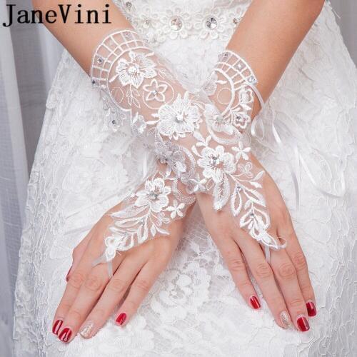 JaneVini Elegant Beaded Fingerless Lace Gloves Flowers White Bridal Gloves Wedding Gloves For Bride Guantes Encaje Blanco 2018