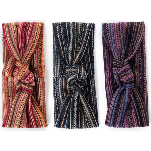 Geebro Ethnic Style Knotted Hollow Summer Stripe Design Women Boho Bow Headbands Vintage Bandana Printed Stripe Hairband