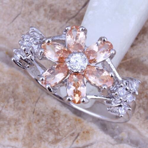 Jolly White CZ Brown Morganite Silver Plated Stamped Flower Ring Size 6 / 7 / 8 / 9 R0171