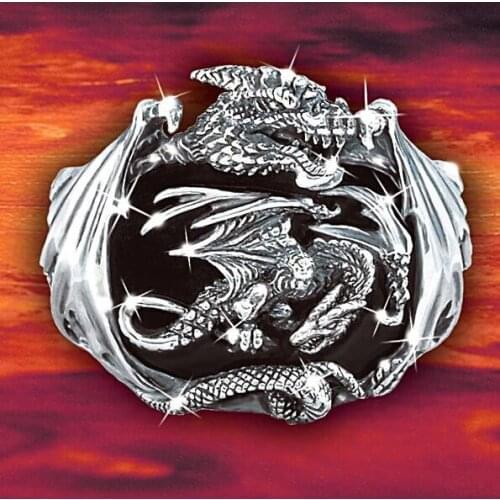 Silvery Dragon carving, Black Agate mens ring, domineering punk motorcycle, Party accessories and gifts