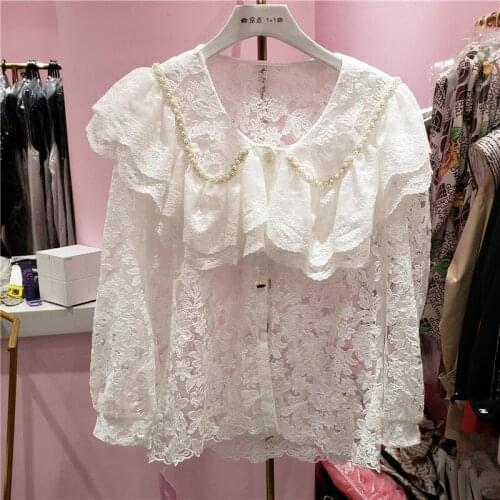 Korean Style Doll Collar Lace Shirt Womens Clothing Long Sleeve Loose Girls Ladies Street Blouses Blusas Mujer 2021