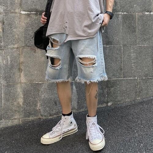 Fashion Youth Popular Ripped Jeans Solid Color Loose Gradient Personality Five-Point Pants Summer Casual Blue Shorts M-3XL