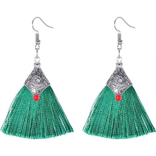 Fashion Silk Fabric Tassel Earrings Bhoemian Fringed Red Blue Black Pink Green Vintage Statement Drop Dangle Earrings For Women