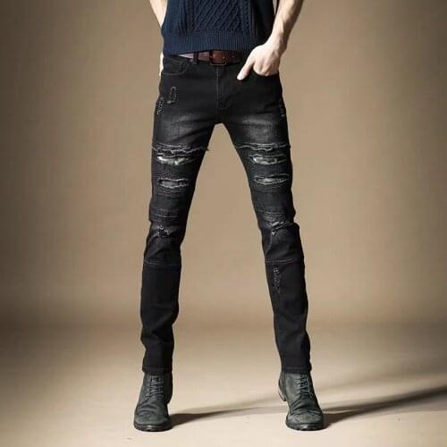 Free Shipping New 2020 mens male Black tide brand spring jeans slim Korean trend hole straight straight casual trousers