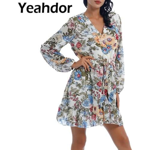 Women Summer Casual Dresses Floral Print V Neck Chiffon Dress Long Sleeve Elastic Waist Ruffled Dress Female Stylish Streetwear