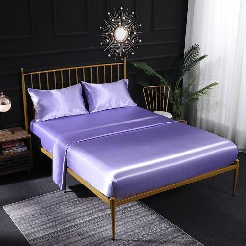 Imitated Silk Bed Linens Flat Sheet+Fitted Sheet+Pillowcase Bedding Cover Set Single/Double/King/Super King Size Light Purple