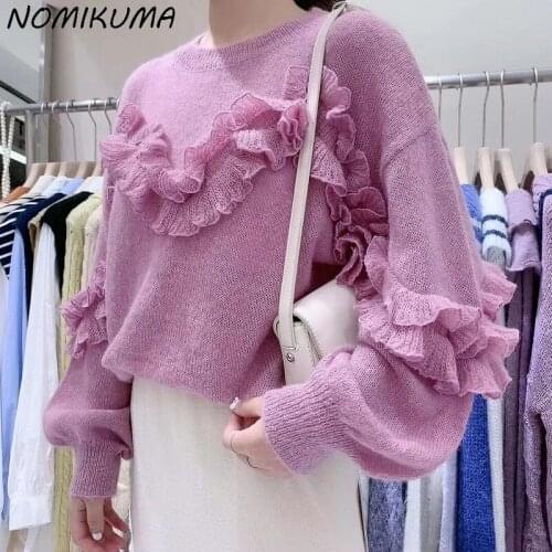Nomikuma Sweet Ruffle Pacthwork Pullover Knitwear Korean Long Sleeve Pull Femme 2021 Autumn Winter New Knitted Sweaters 6Z526