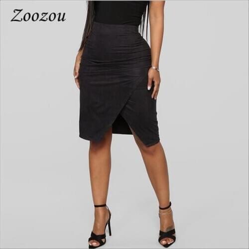 Sexy Side Open Suede Leather Pencil Skirts For Women Elegant Bodycon Office Lady Skirt Black High Waist Slim Faux Leather Skirt