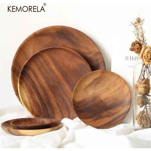 Natural Whole Wood lovesickness Wood Round Handmade Acacia Plate Round Sushi Dish Dessert Fruit Bread Dishes Soup Tableware Set