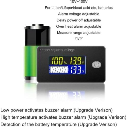 Univerisal Battery Capacity Indicator 12V 24V 36V 48V 60V 72V 10-100V Li-ion Lifepo4 Lead acid Battery Monitor with temperature