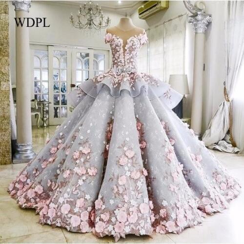 Saudi Arabic Evening Dress Gorgeous Robe De Soiree Floral Evening Dresses Sleeve Modest Formal Gown 3D Flower Long Evening Gowns