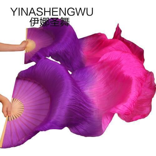 1 Pair Dance Fans Bamboo Ribs Natural Silk Stage Performance Props Dye Fans Women Belly Dance Silk Fans purple +fuchsia