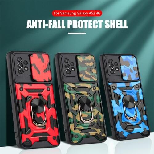 Camouflage Push-pull Camera Protection Phone Case For Samsung Galaxy A52 A72 5G with ring magnet holder shockproof cover coque