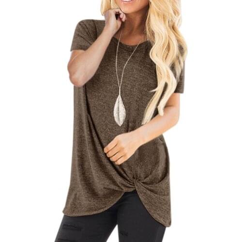 Pullover Top Twist Knot Loose Short Sleeve Women T-shirt Soft Solid Color O Neck Tunic Blouse Streetwear Summer Tee Shirt