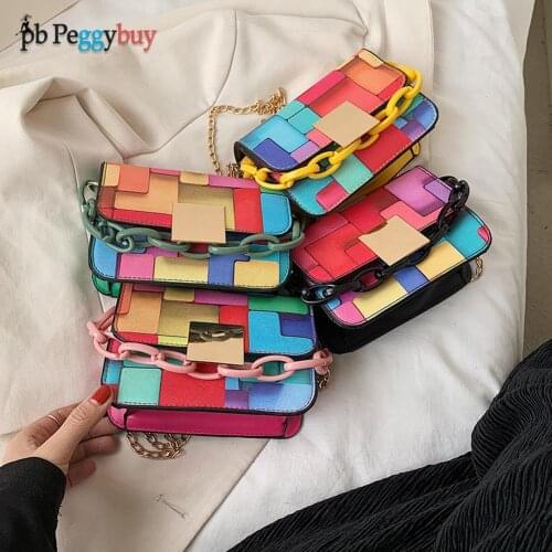 Women Colorful Puzzle Print Shoulder Bag Soft PU Leather Square Crossbody Bag Female Acrylic Chain Small Tote Bags Lock Purses