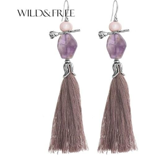Wild&Free Bohemian Jewelry Big Stone Long Tassel Earrings For Women Delicate Handmade Statement Drop Dangle Earrings For Women