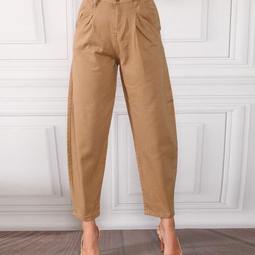 Women, Jeans, High Waist, Balloon, Wide Leg, Beige, Full Length, Solid Color, Cotton Denim Trousers, 2021 Spring Summer