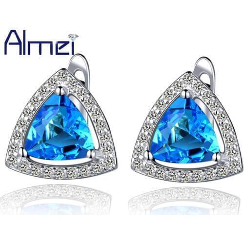 Almei Women Earrings Cubic Jewelry Lady Oorbellen Silver Color Stud Earring Vintage Fashion Triangle Blue Stone Pendientes R449