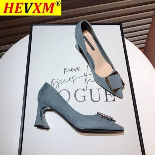 2021 Women High Heels Shoes Spring Autumn Modern Leather Pumps Office Lady Work Shoes 6 cm Shallow Mouth With Square Buckle