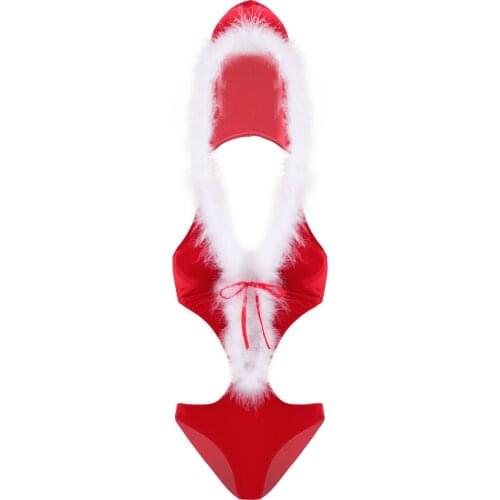Womens One-Piece Soft Velvet White Feather Trim Plunging V Neck Backless Hooded Leotard Bodysuit for Christmas Costume Nightwear