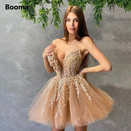 Booma Sexy Champagne Tulle Mini Prom Dresses Deep V-Neck Sleeveless Lace Appliques A-Line Homecoming Dresses Short Party Gowns