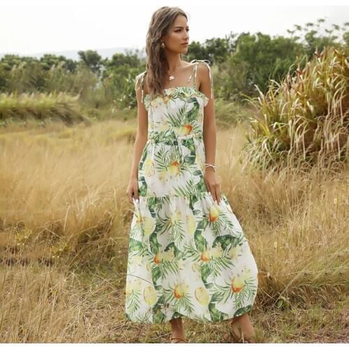 Womens Suspender Dress Printing Spring Summer 2021 Style Sleeveless Backless Sexy Ruffled Lace-Up Long Dresses Fashion Party