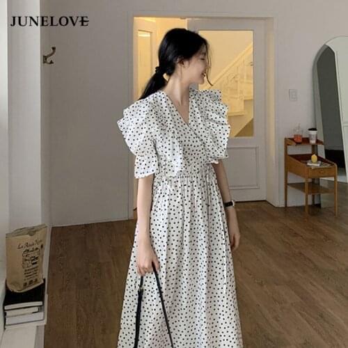JuneLove Vintage Elegant Dot Print Chiffon Dress 2021 Summer V-neck Flounced Dresses Puff Sleeve Long Beach Dress Boho Vestidos