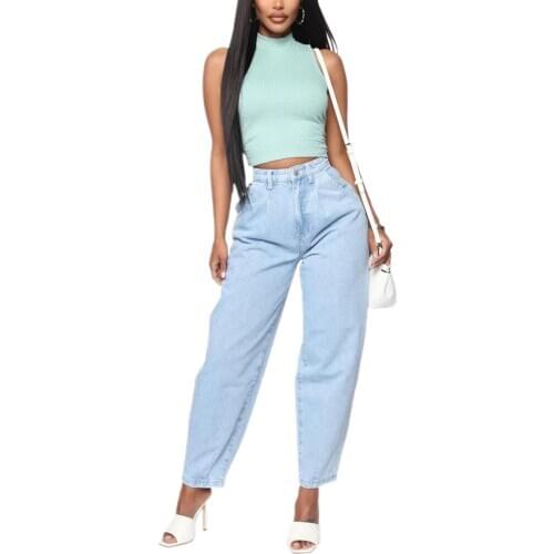 2021 Women Washed Jeans High Waist Design Loose Version Pocket Non-Slip Zipper Summer Street Style Denim 9 Minutes Pants