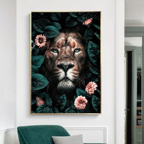 Flower Animal Lion Tiger Leopard Abstract Canvas Painting Wall Art Nordic Print Poster Decorative Picture for Living Room Decor