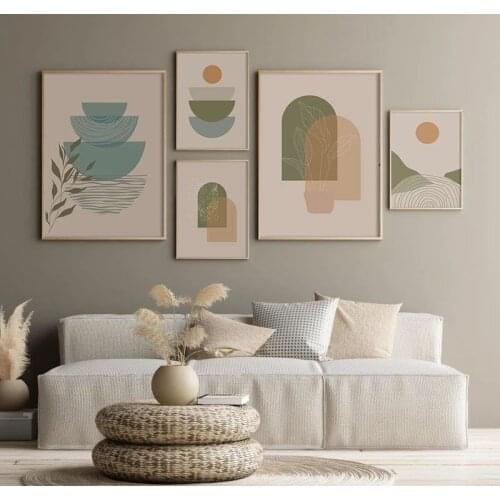 Abstract Geometric Sun Art Posters and Print Mid Century Modern Wall Art Canvas Painting Neutral Wall Pictures Boho Decoration