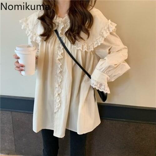 Nomikuma Korean Style Long Sleeve Blouse Women Lace Patchwork Ruffle Turn Down Collar All-match Loose Shirts Solid Color Blusas