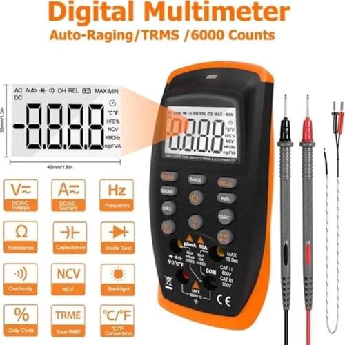 Digital Multimeter TRMS 6000 Counts Voltmeter Ammeter Ohmmeter for AC DC Volt &Current, Ohm,Capacitance,Temp,Hz and Diode Tester