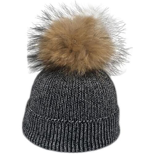 2019 New Fashion Wool Beanie Kids Baby Winter Silver Wire Knitted Hats Caps For Children Real Fur Pompom Hat Skullies