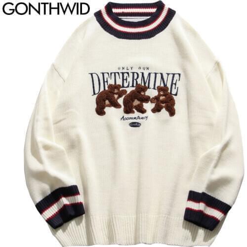 GONTHWID Bear Patchwork Striped Knitted Jumpers Sweaters Streetwear Hip Hop Harajuku Casual Pullover knitwear Mens Fashion Tops