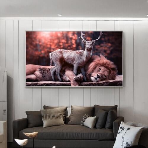 Lion and Deer Canvas Paintings on The Wall Modern Animals Posters and Prints Cuadros Picture for Living Room Decoration No Frame
