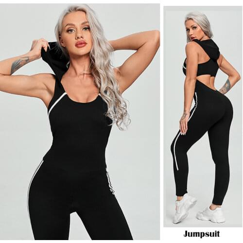 Women Yoga Gym Sportswear Sexy Hollow Backless Tracksuit Fitness Slim Sport Sets with Hat White Black Workout Jumpsuit With Pad