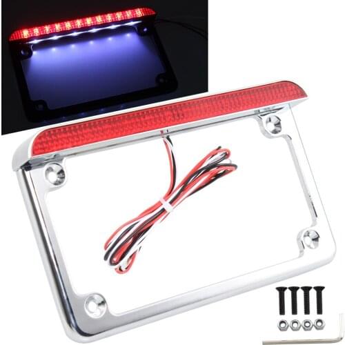 Motorbike Chrome 6" LED License Plate Frame Mount Bracket With LED Brake Light Universal Fits for Harley Honda Suzuki Yamaha