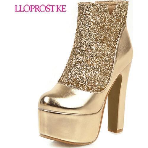 Lloprost ke plus size 31-48 fashion ankle boots round toe bling zip super high heel boots elegant autumn winter boots women H623