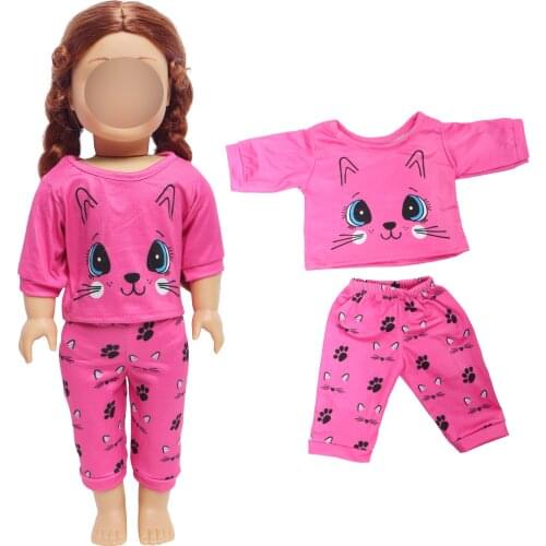 Fashion Red Doll Pajamas Cat Pattern Top Trousers Casual Wear Clothes for American 18 Inch Baby Girl DIY Accessoriess House Toys