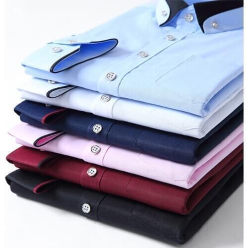 Mens solid Plaid office Shirt Front Patch Chest Pocket Regular-fit Button-down Collar long sleeve edging Shirts asian size