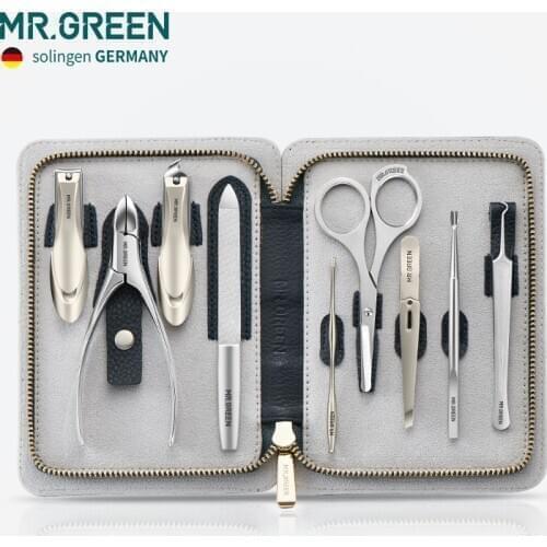MR.GREEN High quality Stainleess Steel grooming kit 9 in 1 nail clipper set Cowhide package Manicure nail care good gift